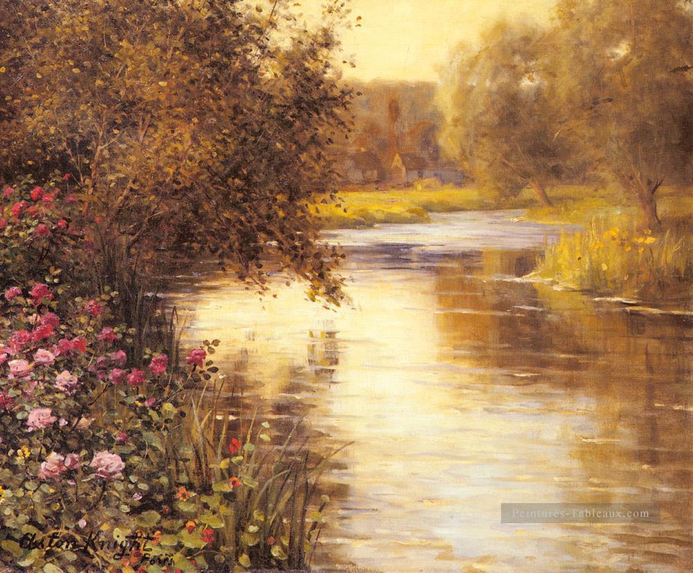 Printemps des fleurs le long d’une rivière méandres paysage Louis Aston Knight Peintures à l'huile